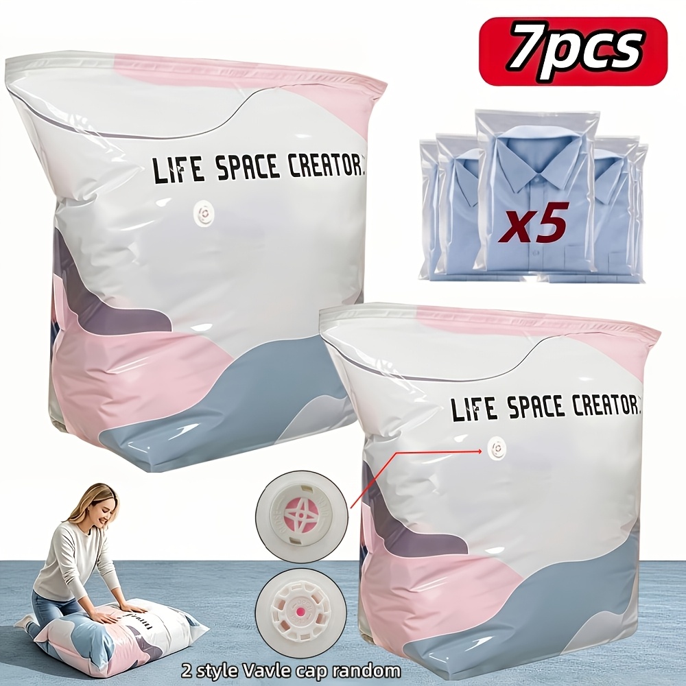 TEMU Set de 7 pièces (2 sacs de conservation sous vide et 5 sacs transparents), convient pour vêtements et couvertures. Grande , épaissis, sacs de