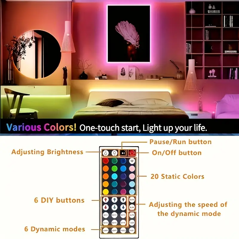 100ft 50ft smart rgb led strip lights with 44 key remote app control usb powered color changing lights for home decor bedroom living room festive atmosphere vibrant multicolor dynamic lighting led lights for bedroom details 3