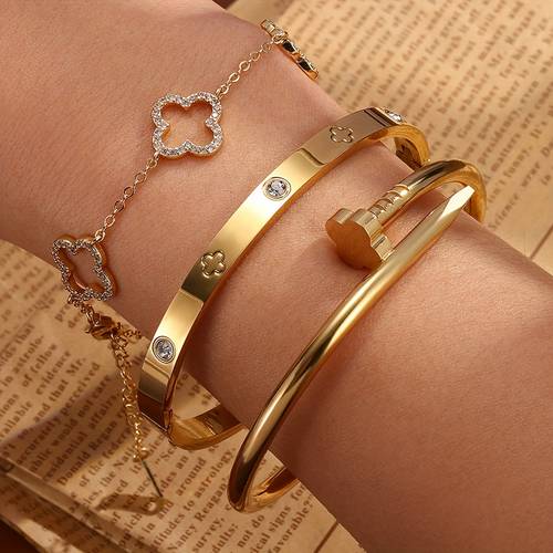 3pcs european and american trendy versatile flower stainless steel jewelry set hollow flower bracelet round bracelet nail bracelet inlaid with shiny synthetic zirconia for womens daily party additions