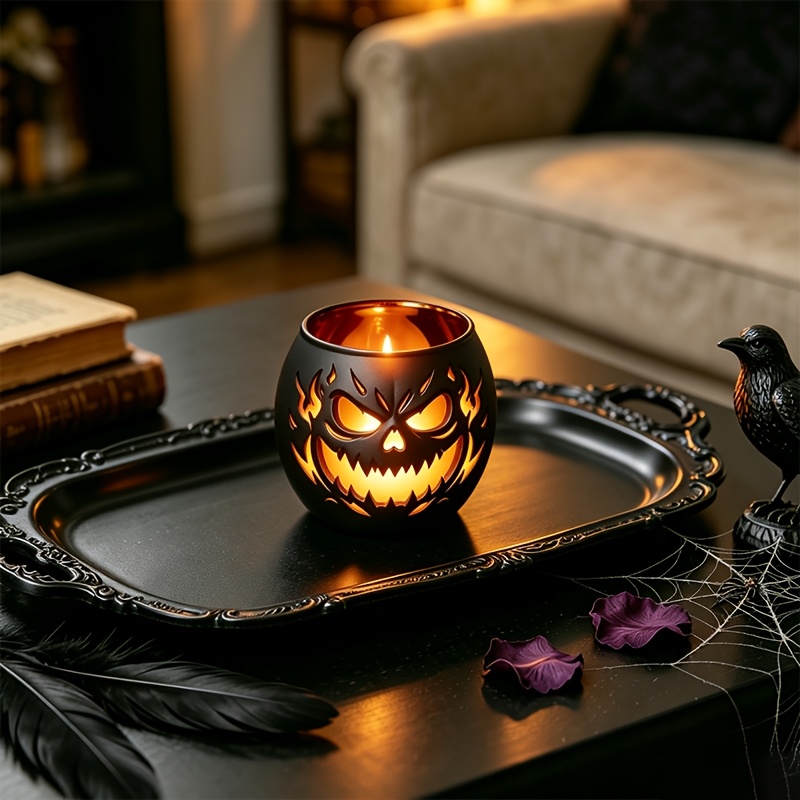 TEMU Halloween Jack-o'-lantern Candle Holder, Matte Black Carved Pumpkin Tealight Vessel, Spooky Gothic Tabletop Accent For Styling