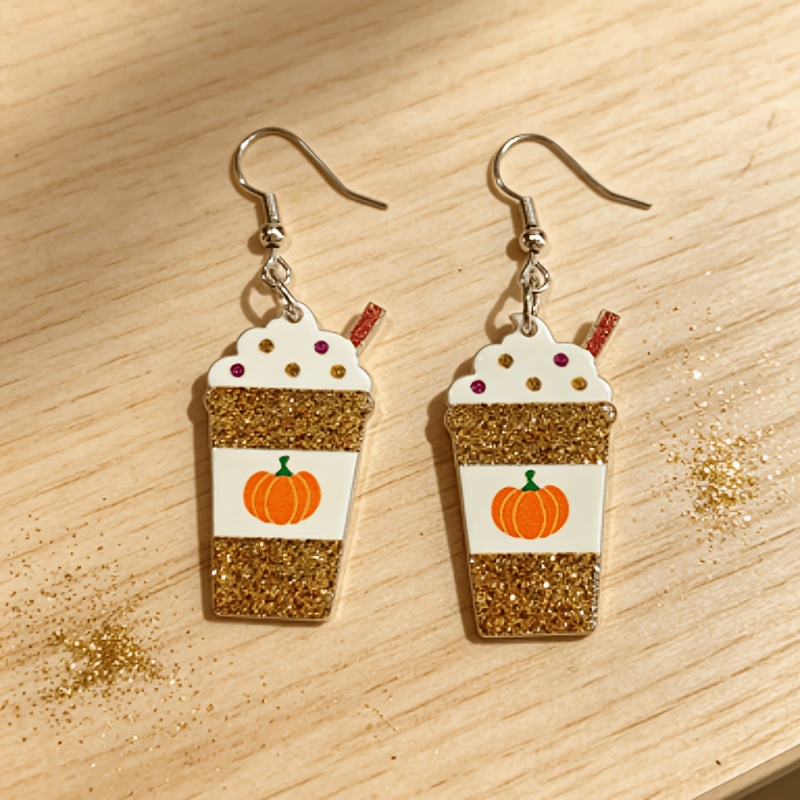 TEMU A Pair Of Layered Golden Glitter Pumpkin Milk Tea Cup Shaped Earrings, A Versatile Long Accessory For Niche Festivals