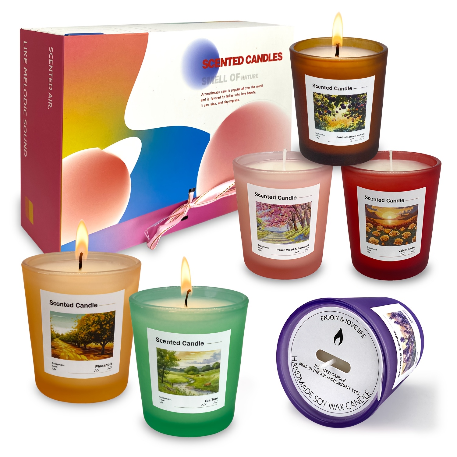 Image of Set Of 6 Glass Jar Scented Candles | 2.5 Ounces Each, Up To 100 Hours , Women's Fragrance Gift Set, Soy Wax, Single-wick, Brand