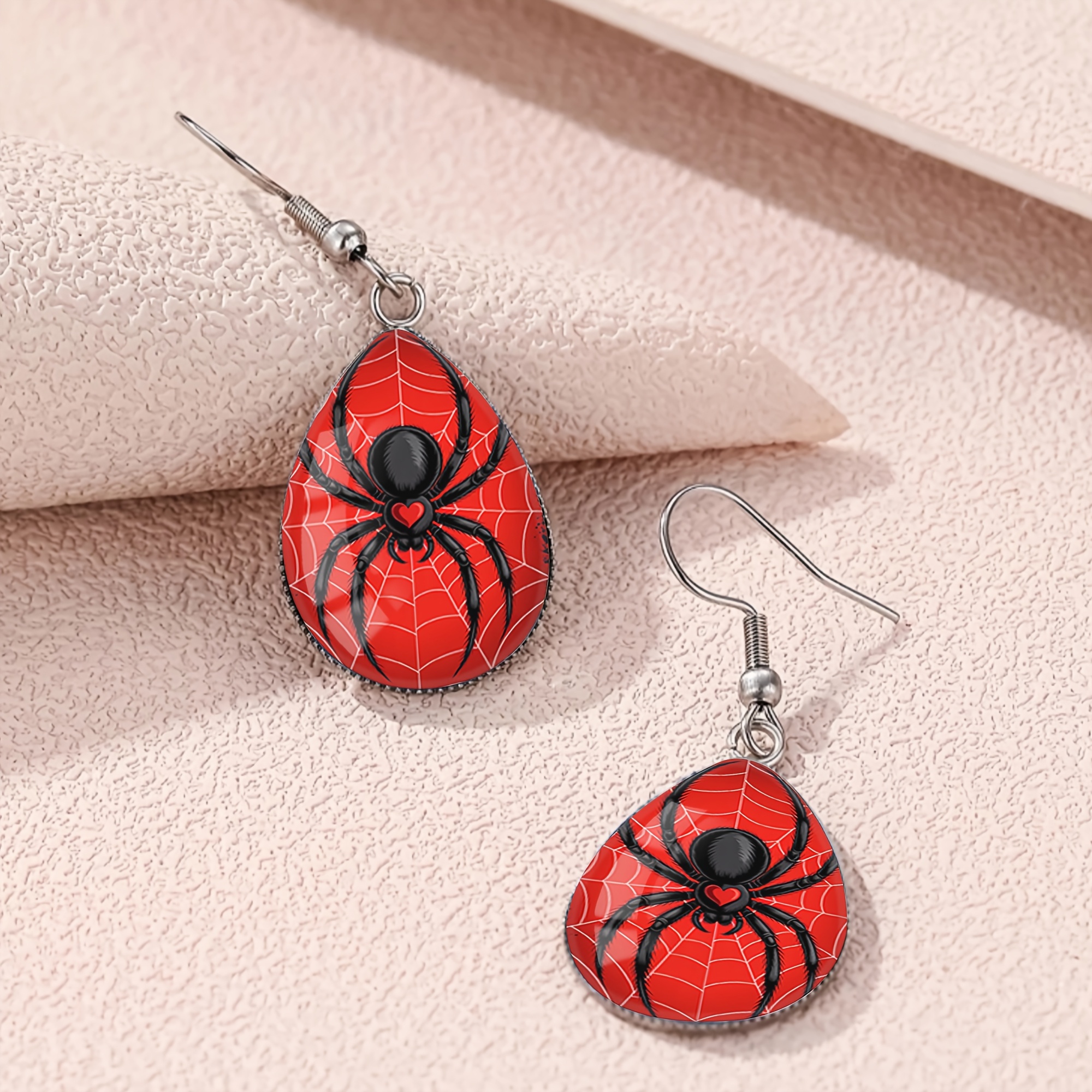 Heart Black Spider Pattern Teardrop Earrings, Gothic Style