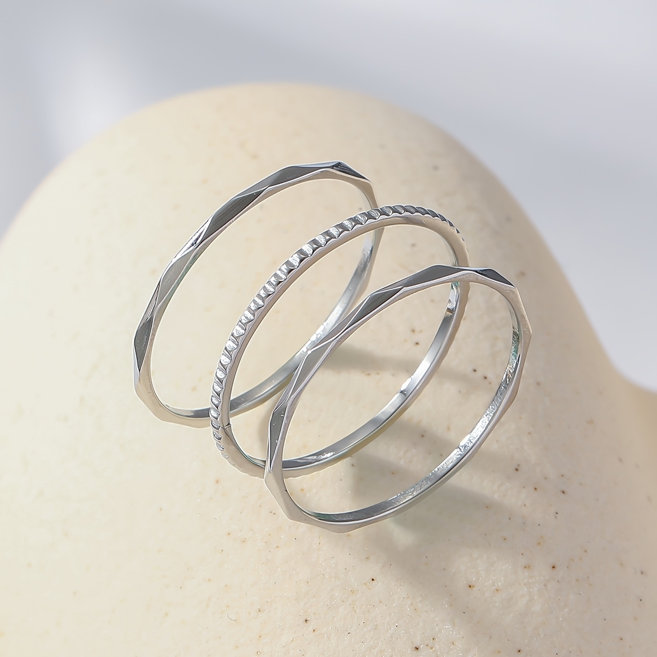 TEMU 3pcs Minimalist Niche Stainless Steel Silvery Engraved Cuff Rings For Women' Commuting Stacking Outfits