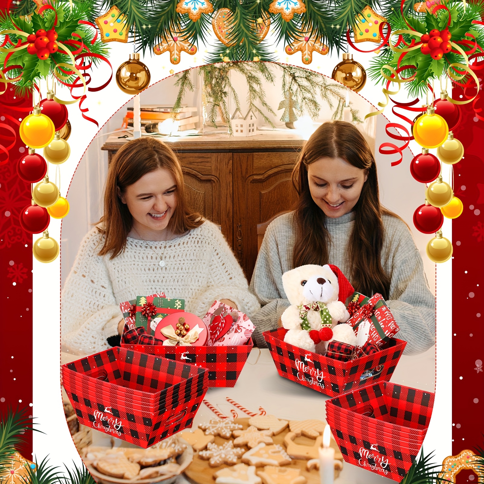 36pcs Bulk Christmas Gift Basket Set - Sturdy Cardboard Baskets with Red Buffalo Plaid & Pull Bows (12 Baskets + 12 Bows) Large Holiday Boxes for Xmas Stocking Stuffers, Party Favors, Corporate Gifts - Easy Assembly
