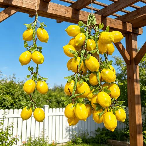 2pcs lifelike artificial lemon garland decorations vibrant yellow hanging citrus with green leaves home and kitchen decor weddings and seasonal celebrations