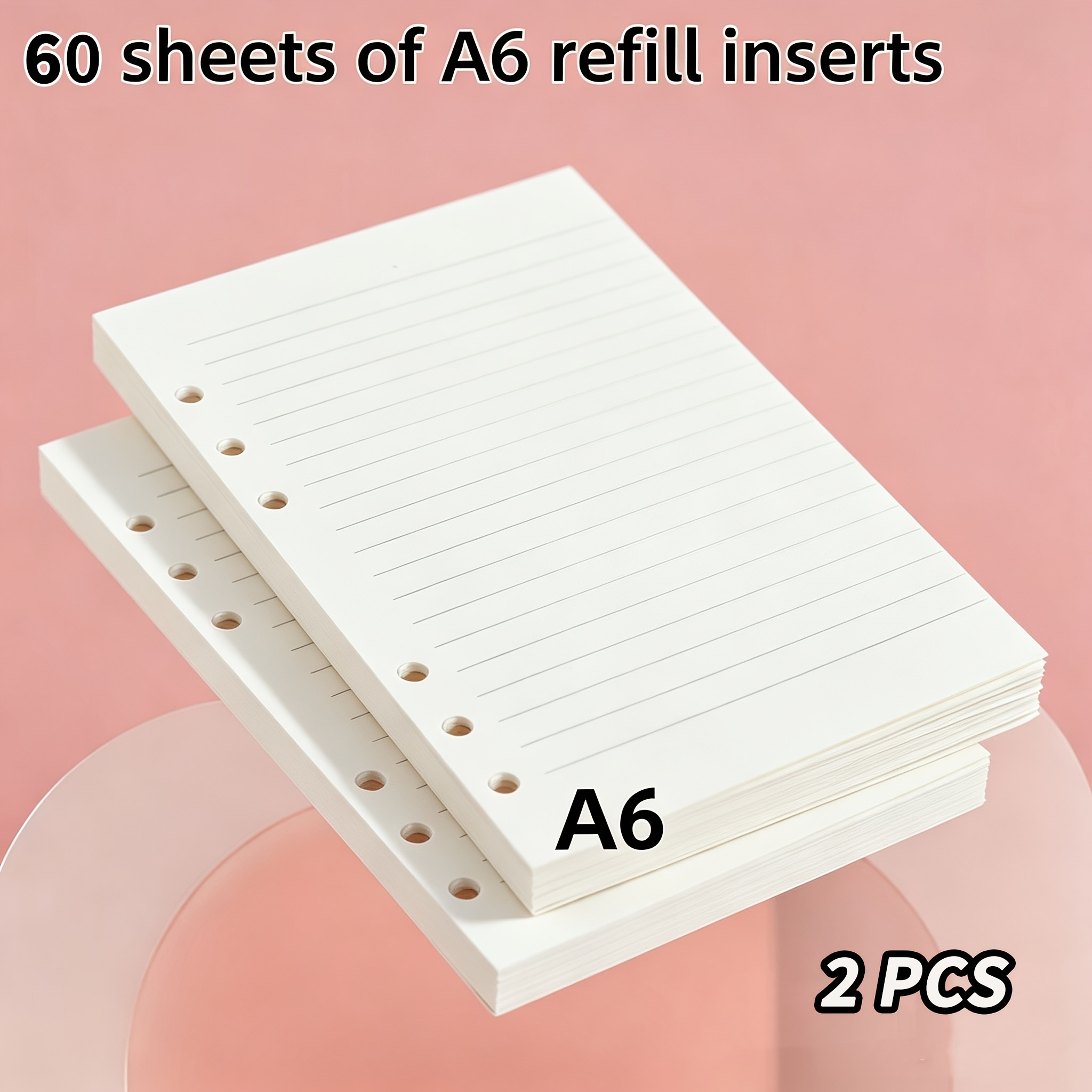 TEMU 2pcs Set, 60 Sheets (120 Pages), 100g Thick A6 Lined Refill Paper, 6 Holes, 6.69*4.13 Inches, Fits A6 Ring Binders, Planners, Memo Pads, Office,