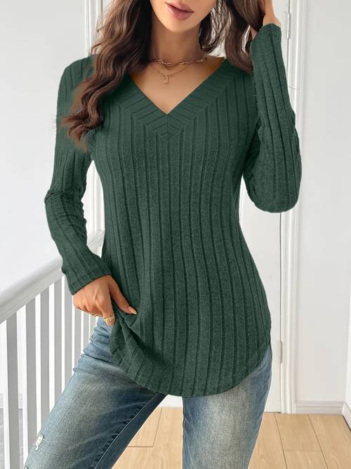 womens spliced v neck ribbed t shirt soft lightweight stretch fabric casual long sleeve solid color t shirt machine washable suitable for spring autumn and winter