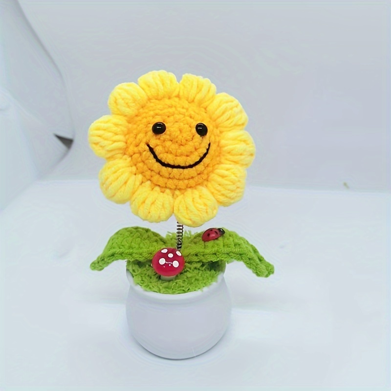 

Handcrafted Crochet Sunflower With Spring Bobble Head - Woolen Knit Potted Plant Decor, Perfect For Graduation Gift & Car Display Crocheted Flowers Knitted Flower Bouquet