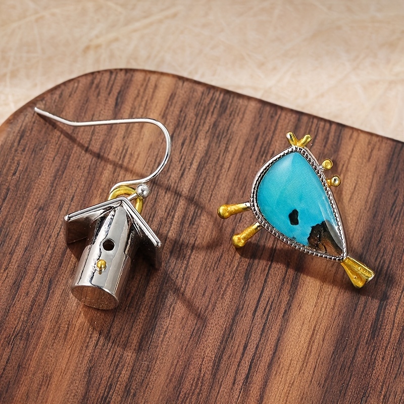 TEMU Vintage Copper Asymmetrical Earrings, Bird House, Synthetic Turquoise Bird, Bird Lover, Bird Earrings
