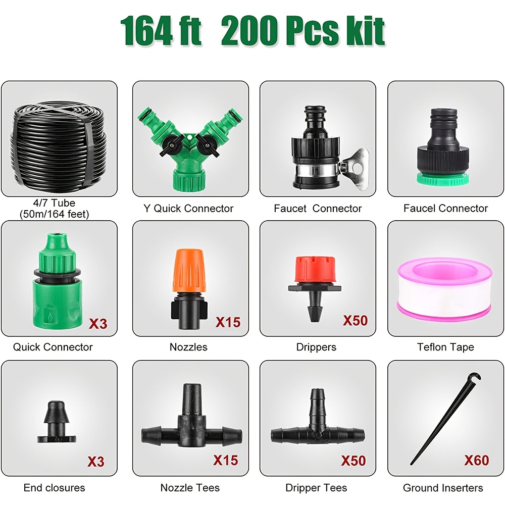 Image of 164ft(50m) Adjustable Garden Drip Irrigation Kit, 200pcs Drip Irrigation Set, Garden Watering System, Automatic Watering System For Patio & Lawn Care