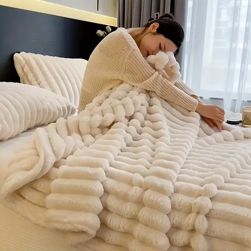 1pc deluxe 3 sided rabbit fur blanket cozy warm and lightweight for home office camping or sofa fluffy multi color options pink beige gray machine washable polyester flannel fabric fleece blanket