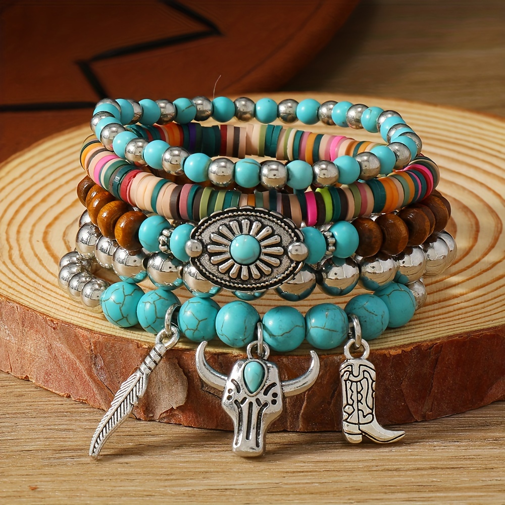 

Boho-chic 5pcs Bracelet Set With Turquoise, Wooden Beads & Charms - Vintage Style Women' Accessory For Casual Attire