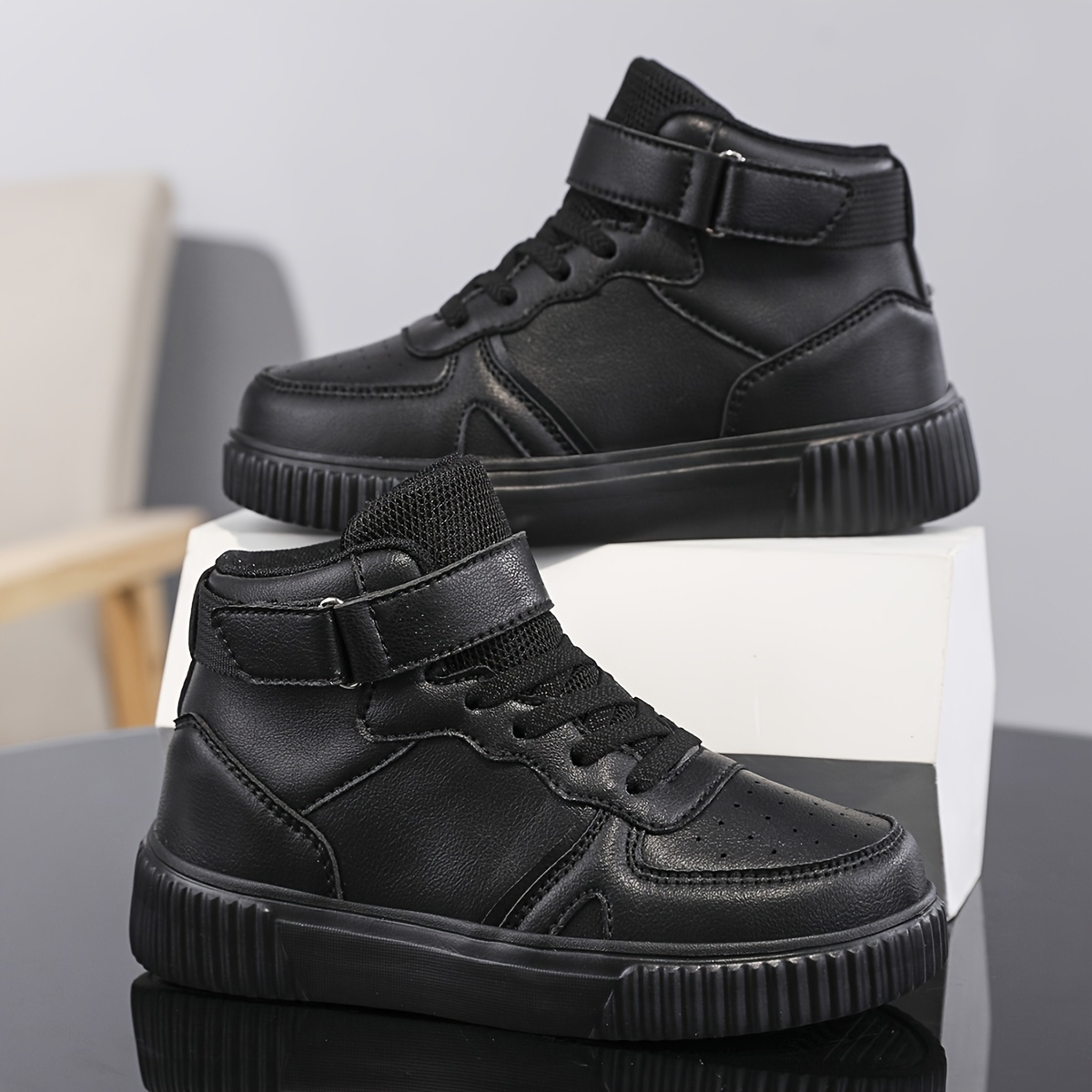 *' Trendy Black Casual Sneakers, High-* with Easy Closure, Durable and  Non-Slip for Boys and Girls Daily School Running Shoes, Wal