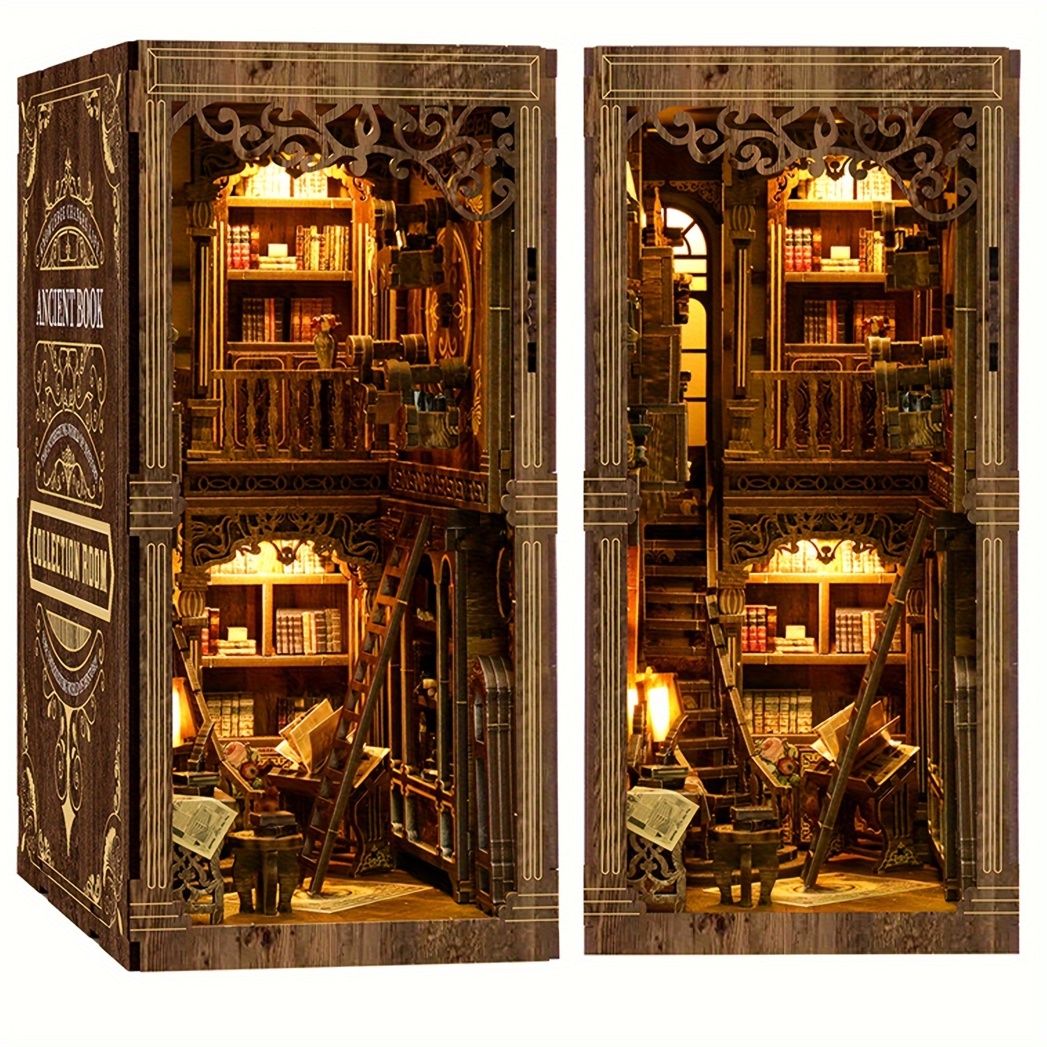 diy book nook kit 3d dollhouse bookshelf insert dark brown wooden puzzle model decorative desk bookend craft project for adults ideal gift for birthday back to school thanksgiving halloween christmas new year valentines day easter batteries not included 0