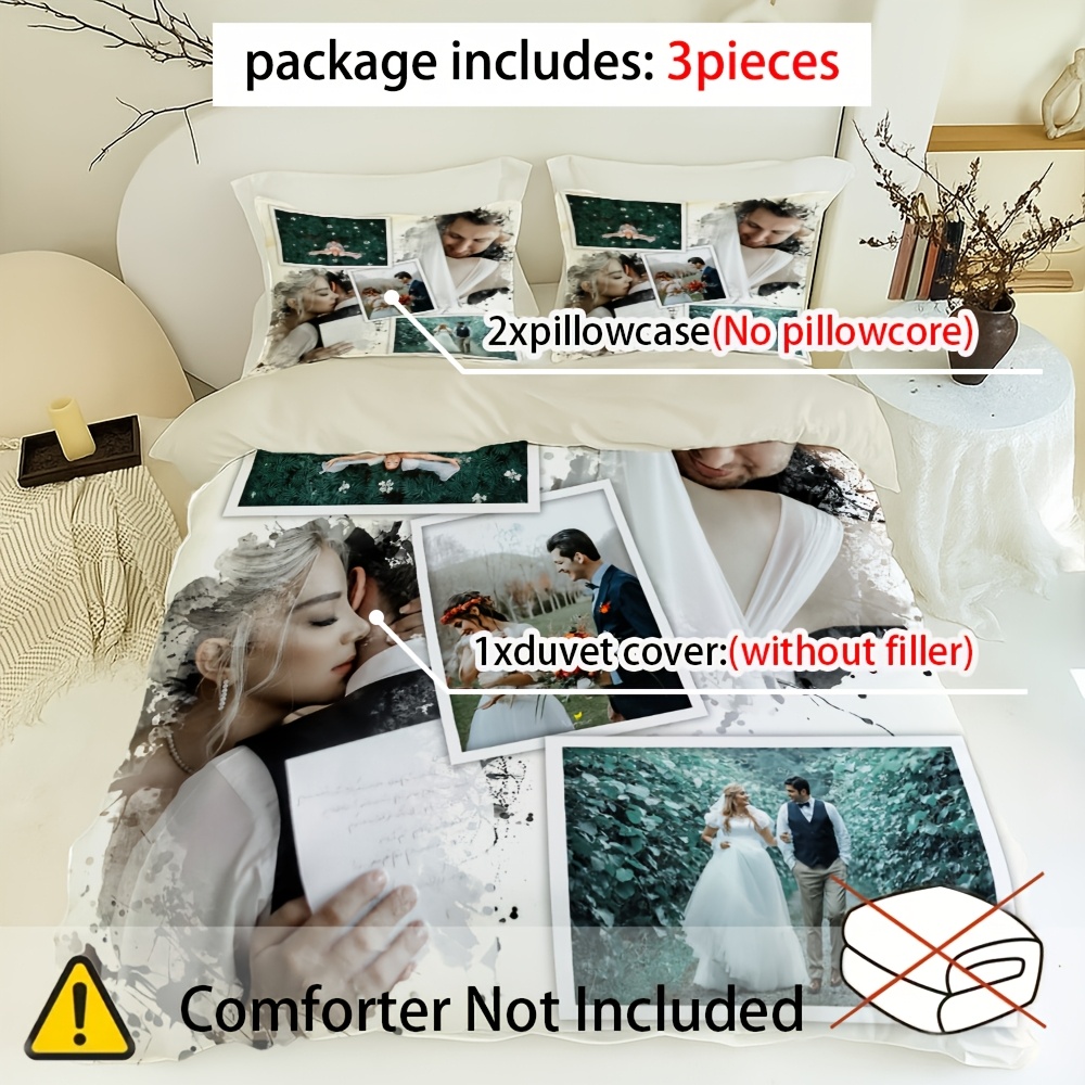 TEMU Custom 3pcs Set Of Literary Style Personalized Photo Custom Printed Duvet Cover Set - Includes 1pc Duvet Cover And 2pcs Pillowcases (filling Not