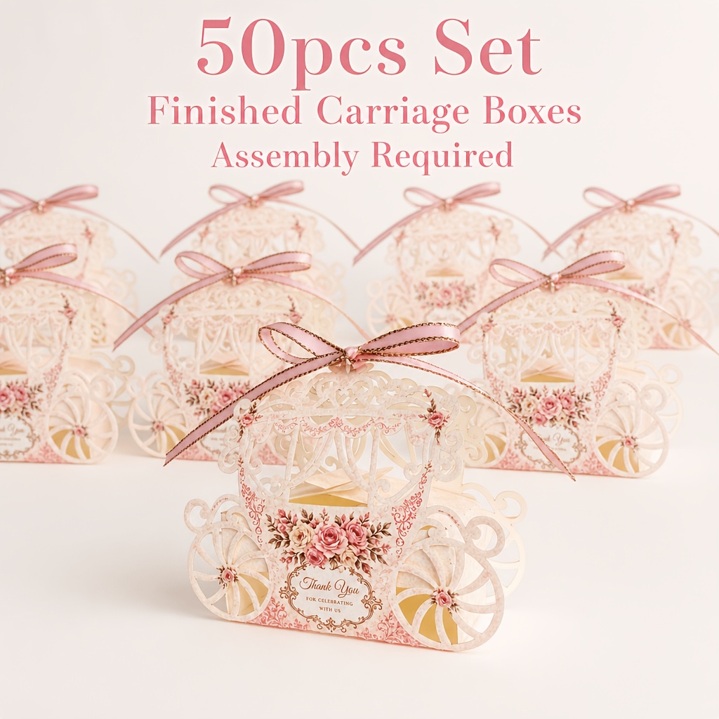 TEMU Gift For Her/him 25/50pcs Favor Boxes With Pink Ribbon, Fairy Tale Wedding Candy Boxes, Hollow-out Floral Paper Gift Boxes For Wedding Favor,