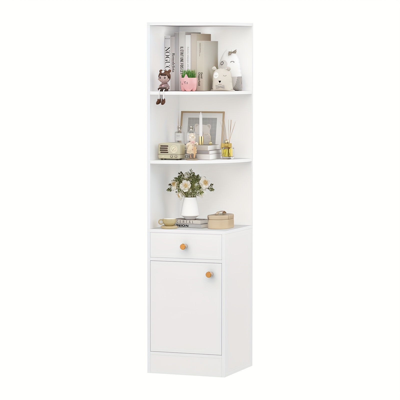 Corner Bookcase, Standing Bookshelf, White, 38x38x161cm With Door And Drawer, 3 Open Bookshelves, Multifunctional Office Shelf White Solid Wood