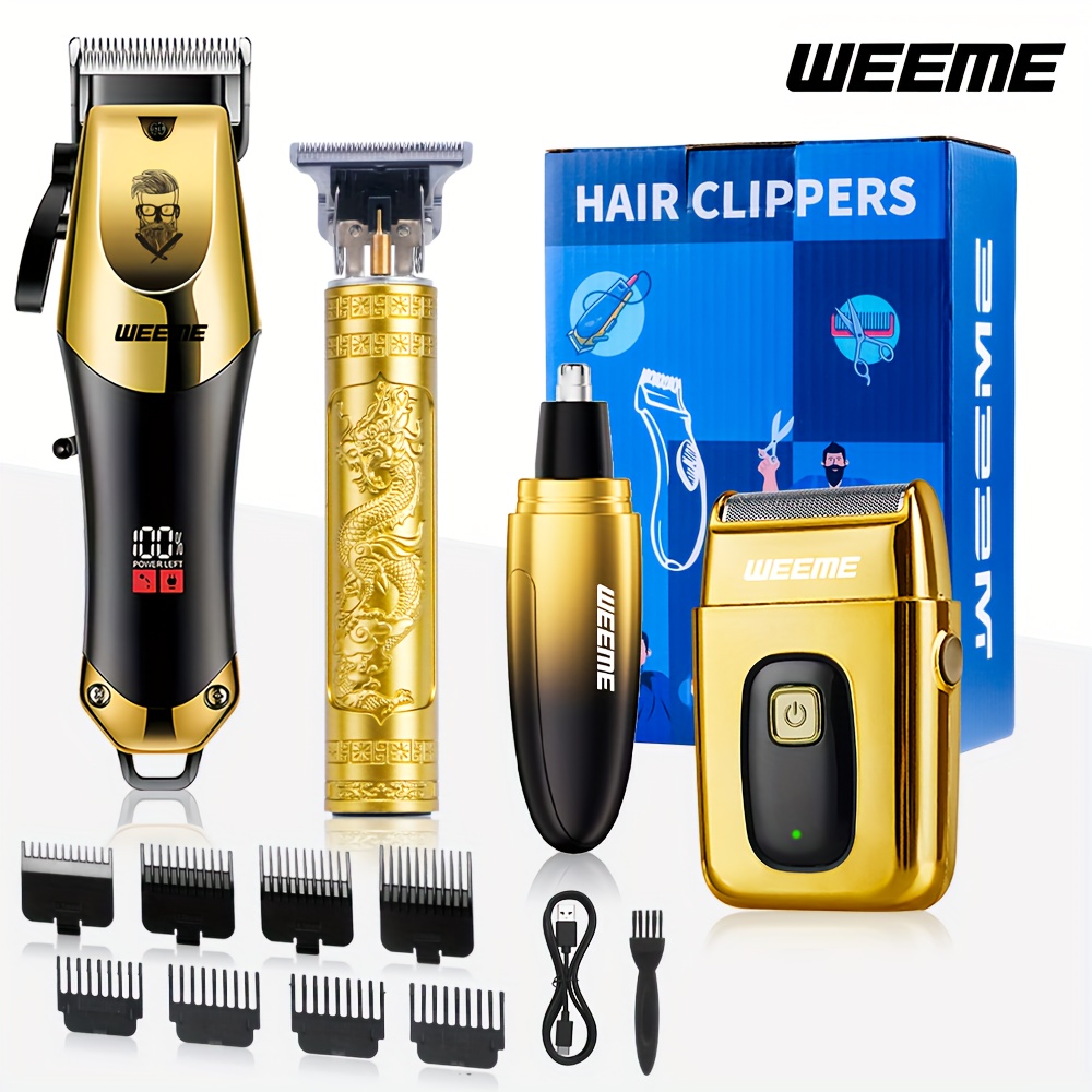 Weeme 4-delige heren gouden elektrische kapper set, huishoudelijke baard bouwset. Elektrische haartrimmer + elektrische scheerapparaat + elektrische neushaartrimmer + fijne trimmer.