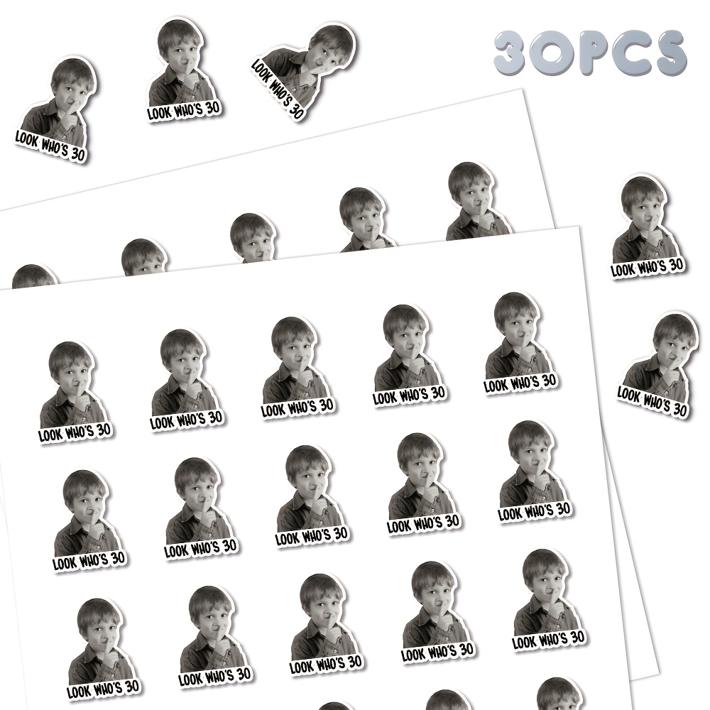 TEMU Custom Retro Face Stickers In Sets Of 20, 30, Or 50, Featuring Personalized Fun Birthday Photos And Age Labels Like 'look Who Turned 30!' For