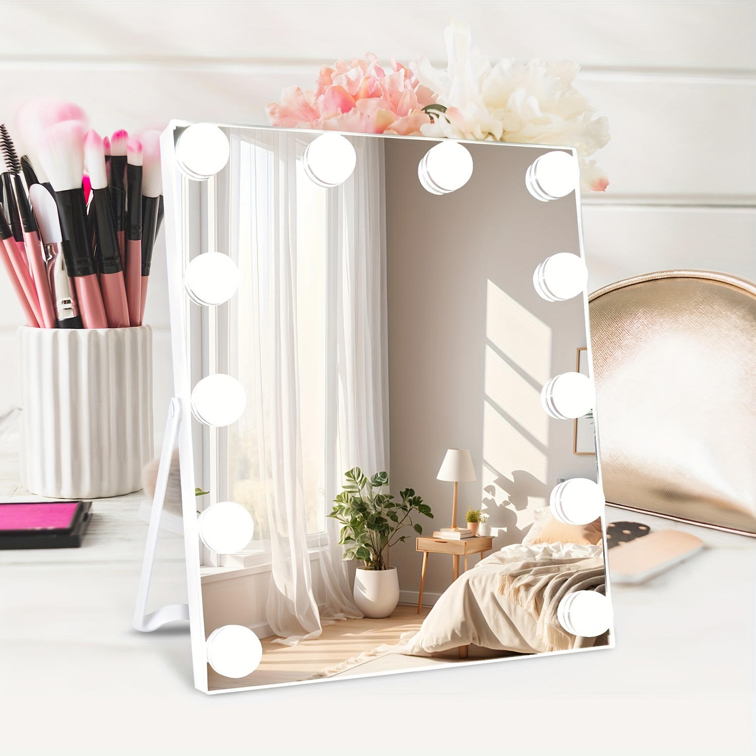 TEMU Lighted Makeup Mirror, Vanity Mirror With Dimmable Led Bulbs, Touch Control 3 Color Lighting For Bedroom, Detachable 10x Magnification Mirror, 360°rotation