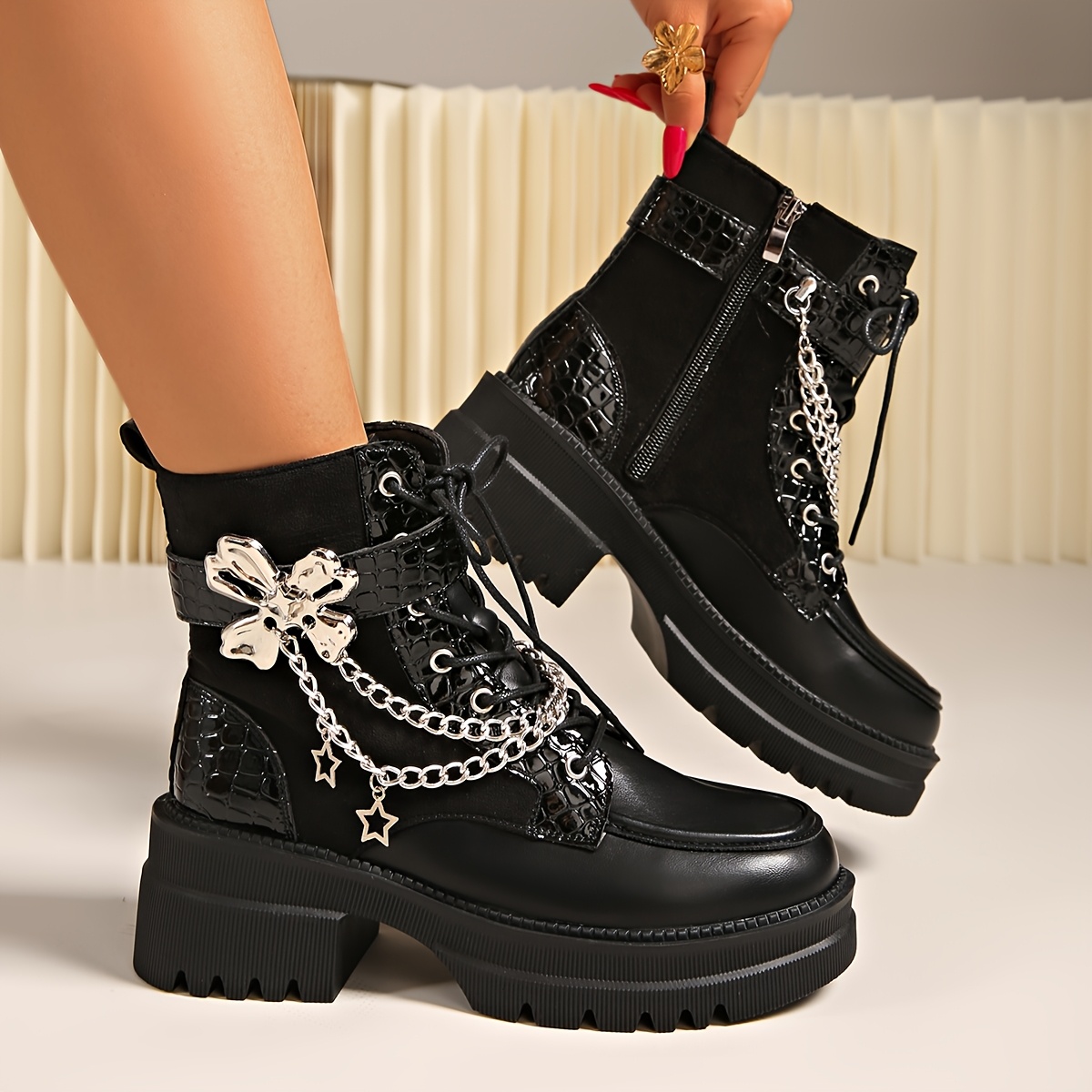 womens punk platform boots black crocodile embossing - Temu Kuwait