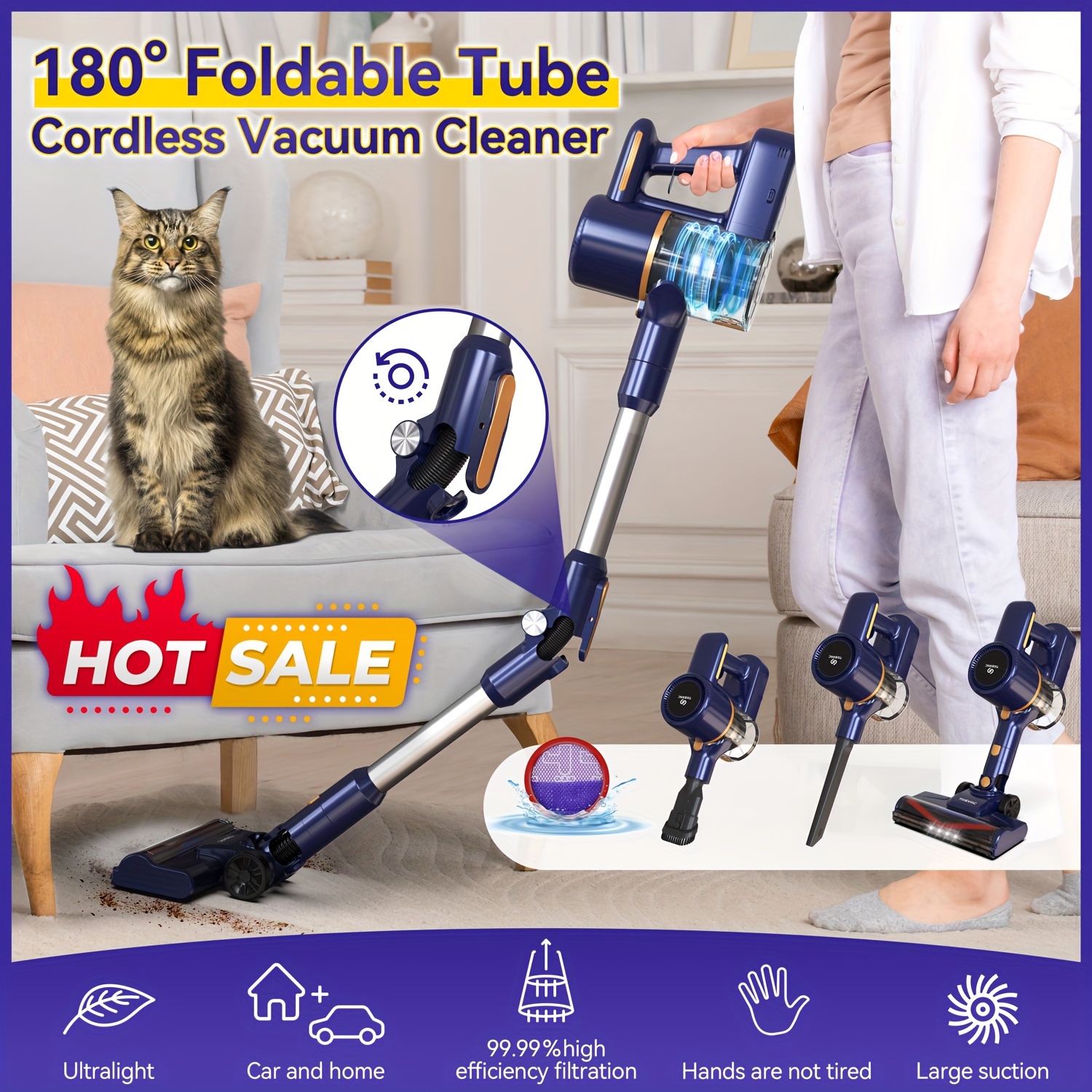 TEMU Aspirateur Fil POWEART N7 , Aspirateur à Balai de Sol Puissant avec LED, Léger et Silencieux Multifonction 6-en-1 Rechargeable pour Poils