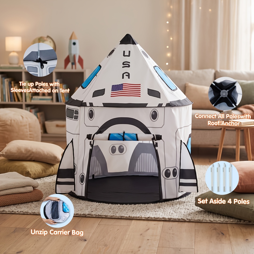 TEMU Rocket Ship Pop-up Play Tent For Kids, Spaceship Playhouse Tent Set, Indoor And Outdoor Portable Playhouse