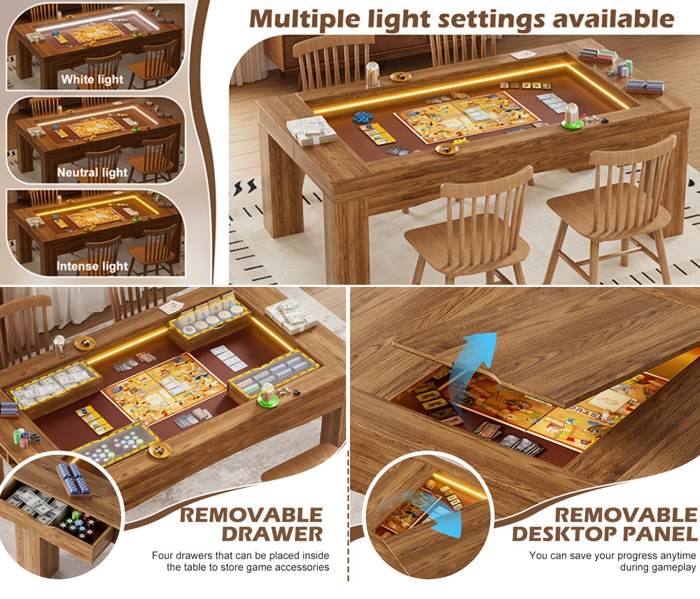 Dining Table Board Game Table with Removable Table Top, Gaming Table with Colorful LED Lights, Seats 4 to 6 Players with Detachable Hobby Tray for Card Games, Poker, Building Blocks