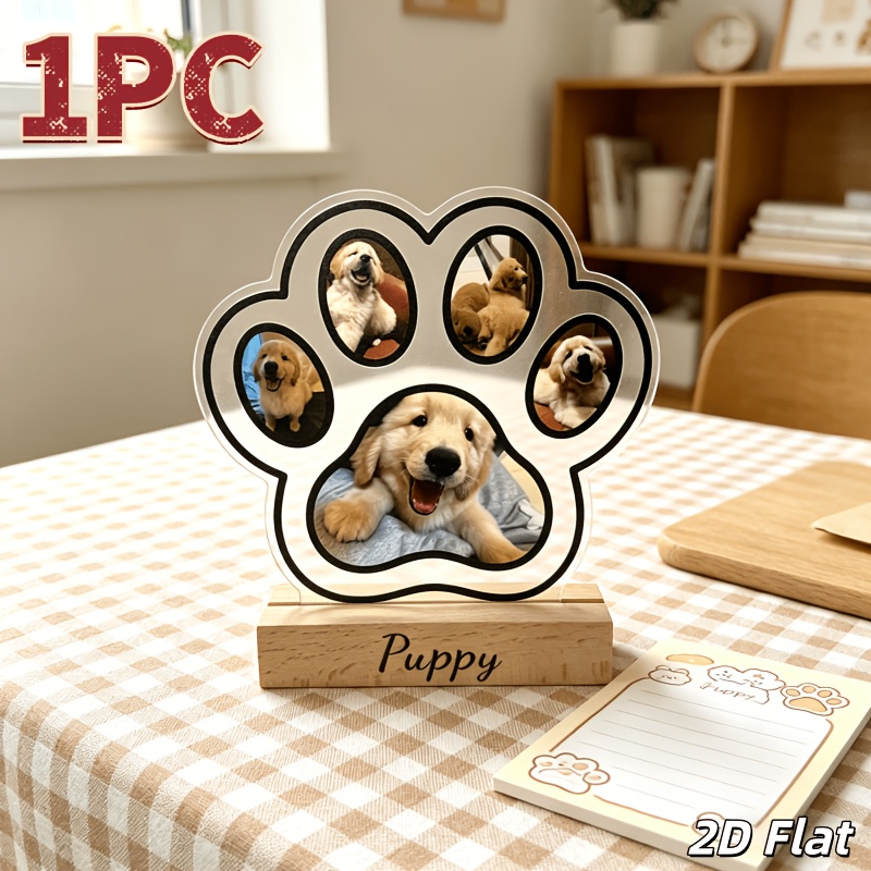 TEMU 2d Flat, 2d Flat 1pc Personalized Ultra- Custom Dog Paw-shaped Acrylic Ornament With Wooden Base, Supports Customization With 5 Photos, Custom