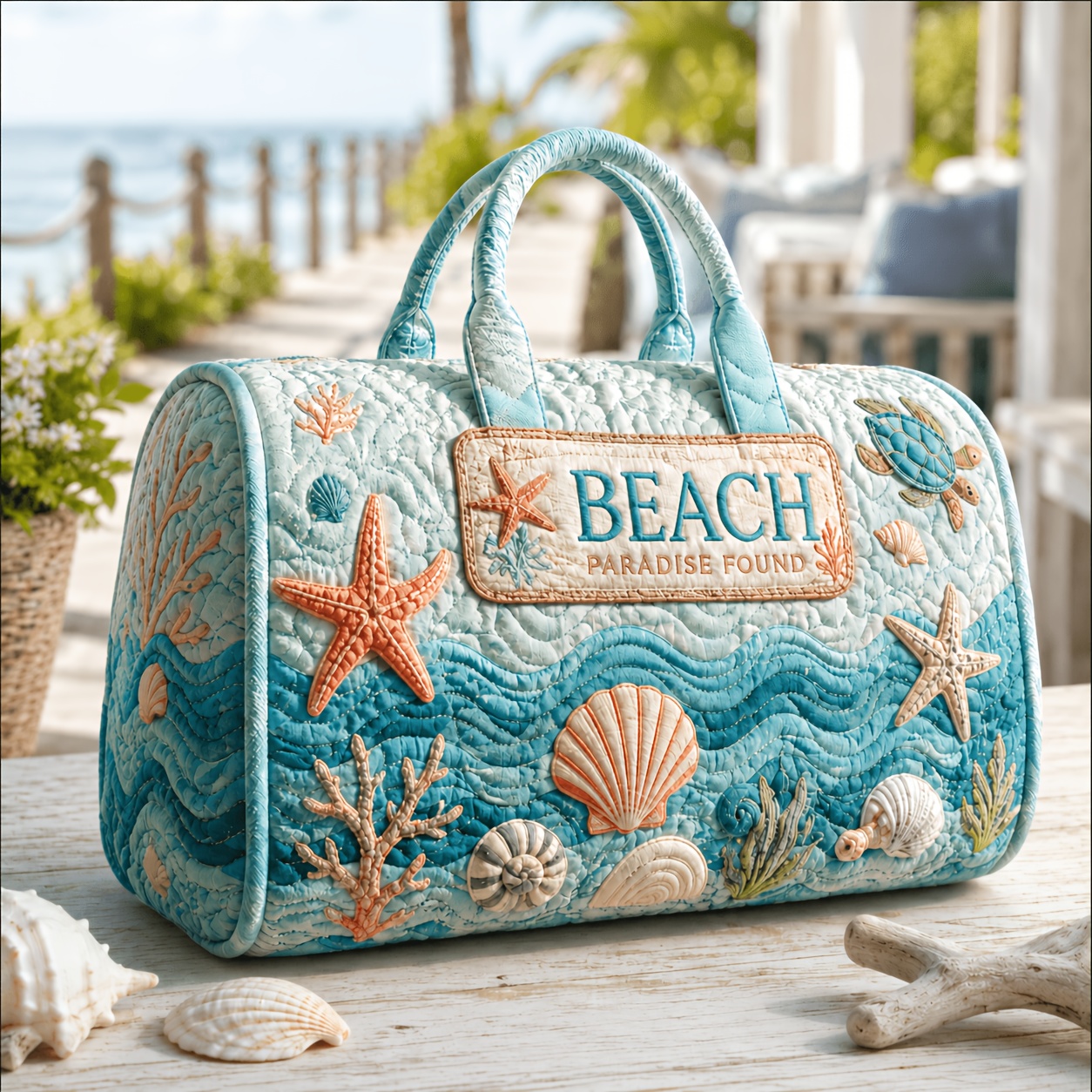 Beach Shell Quilted Duffel Bag, Starfish Ocean Printed Large Capacity Weekender Travel Bag, Summer Overnight Carry On Bag For Vacation
