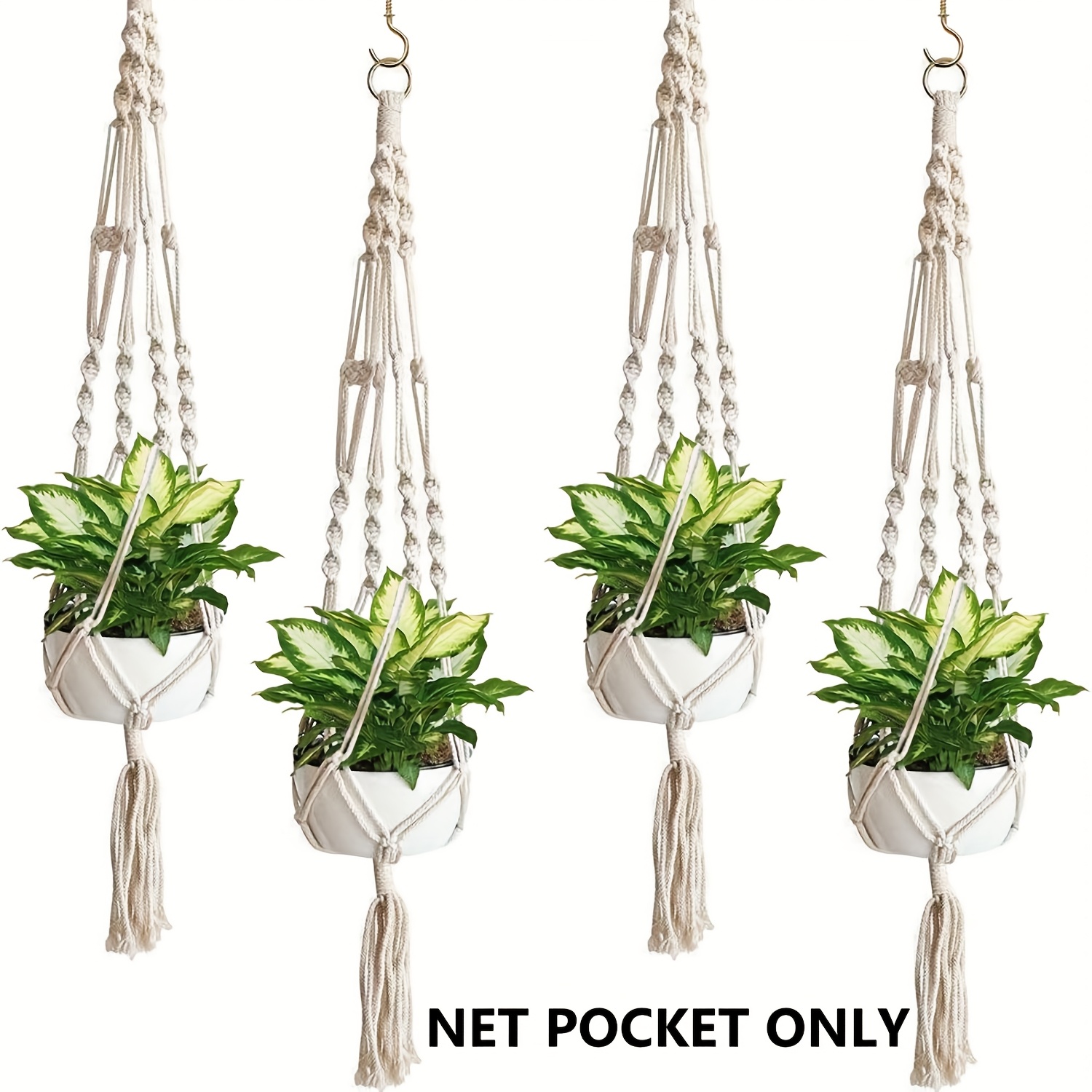 Image of 4pcs Indoor/outdoor Hanging Planter Rope Rack, Boho Decorative Rope Basket, Plant Flower Pot Hanging Organizer Net, Home Bedroom Living Room Garden Decor Outdoor Storage