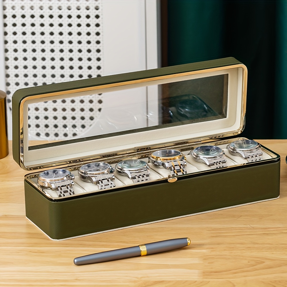 Image of Deluxe 6 Compartment Watch Organizer With Clear Lid - Spacious Storage For Men's And Women's Mechanical And Quartz Watches, Jewelry, Display Boxes Textured Black, Portable Design For Home Or Travel