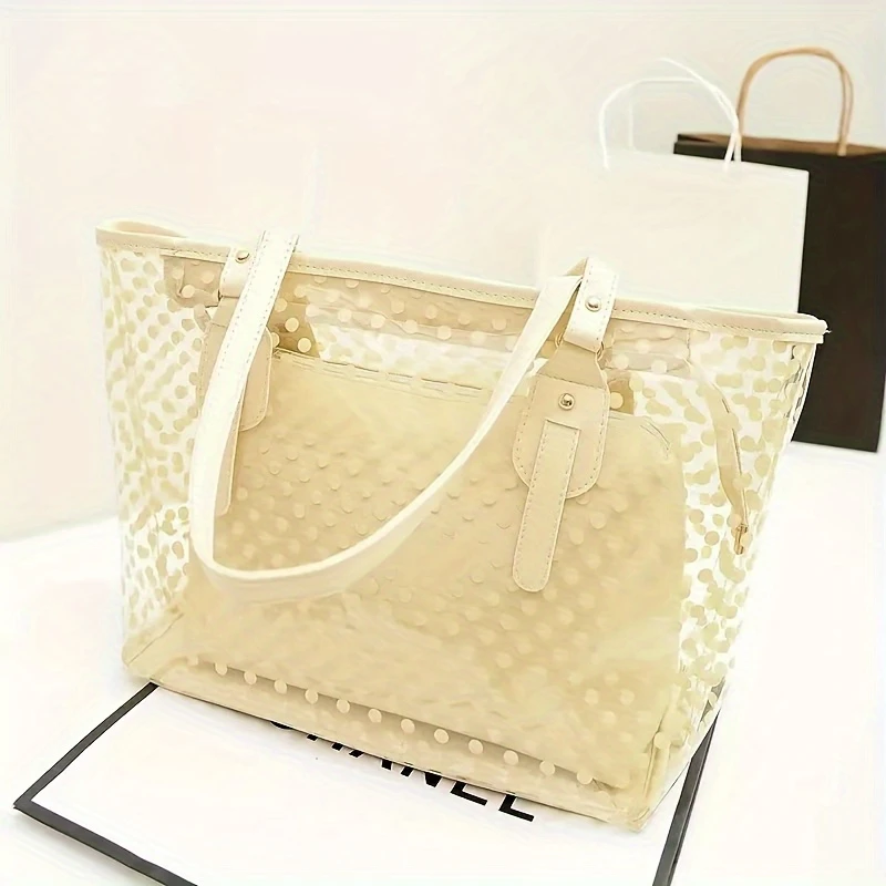 2 piece transparent pvc transparent beach bag clear shoulder bag with inner pocket dot pattern handbag white details 1