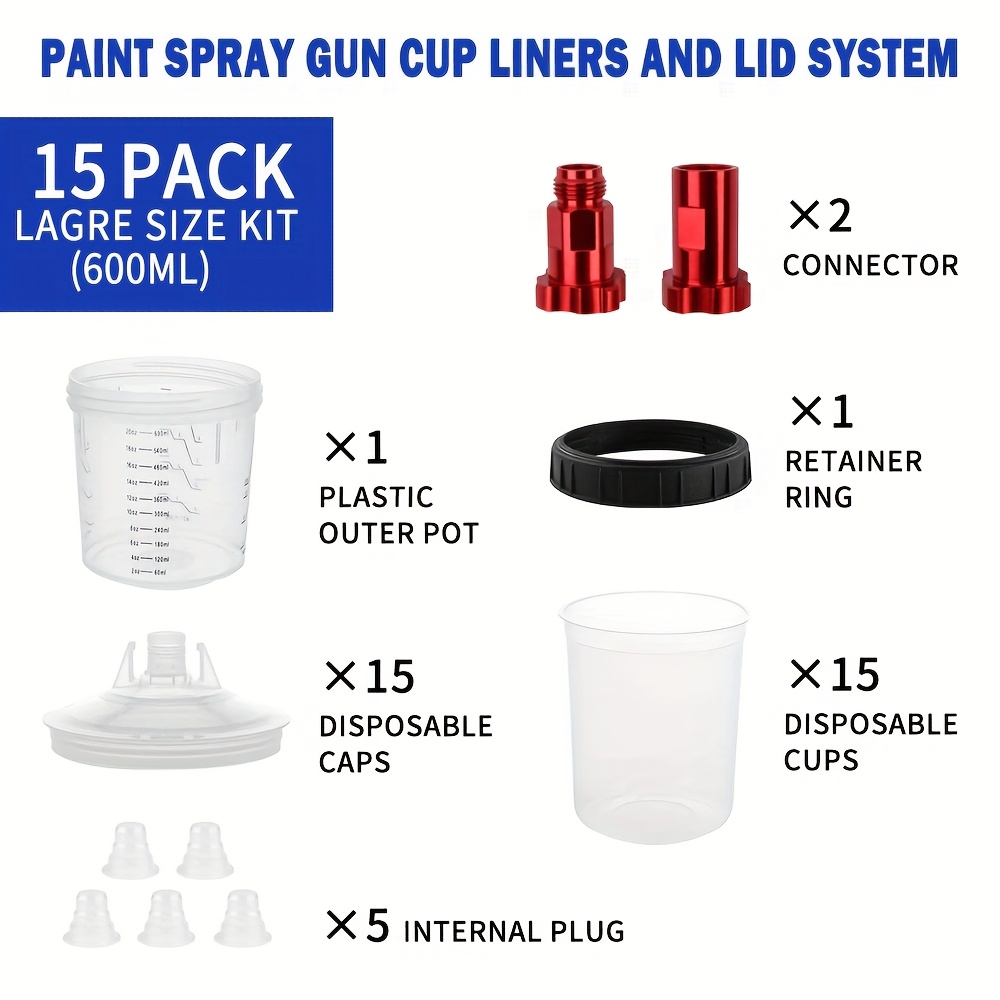 15pcs Spray Gun Paint Mixing Cup H/ Spray Gun Tank 20.29oz/600ml Disposable Paint Cup With M16 Spray Gun Cup Adapter, Clear Scale, Replaceable, No-cleaning