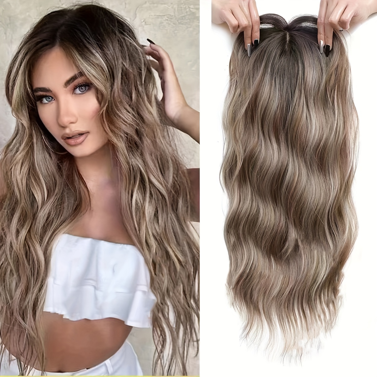 TEMU 22-inch Ombre Synthetic Hair Topper For Women - , Breathable Fiber, Thinning Hair