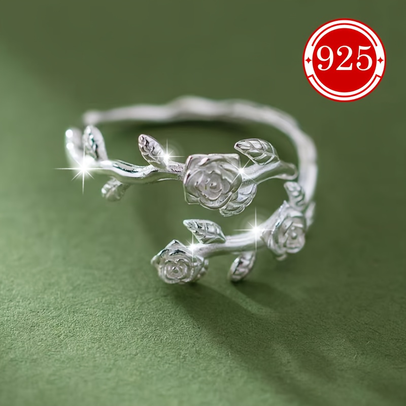 925 Silver Adjustable Rose Flower Open Ring for Women