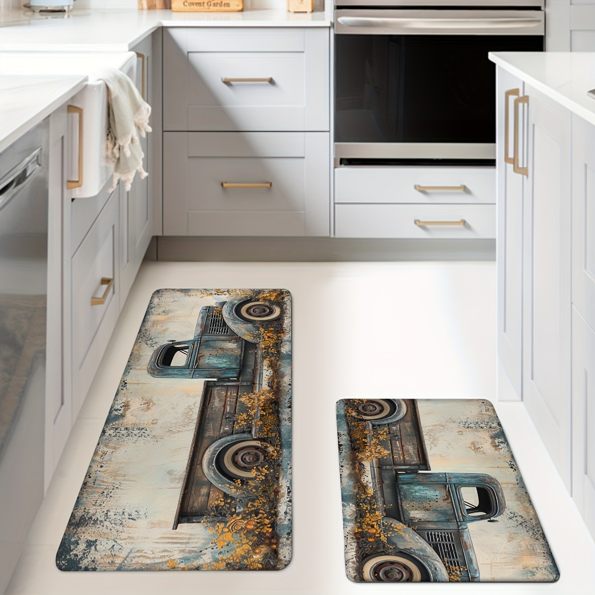 

1pc/2pcs, Truck Print Kitchen Mats, Non-slip And Durable Bathroom Pads For Floor, Comfortable Standing Runner Rugs, Carpets For Kitchen, Home, Office, Laundry Room, Bathroom, Spring Decor