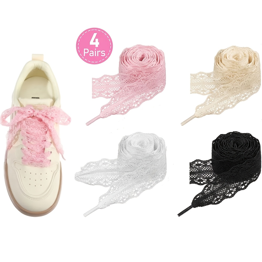 TEMU 4 Paires de Lacets à Bordure en Dentelle, Lacets Plats et Doux, Lacets en Ruban de Dentelle Ouverte pour Baskets, Convient aux Femmes, Batterie