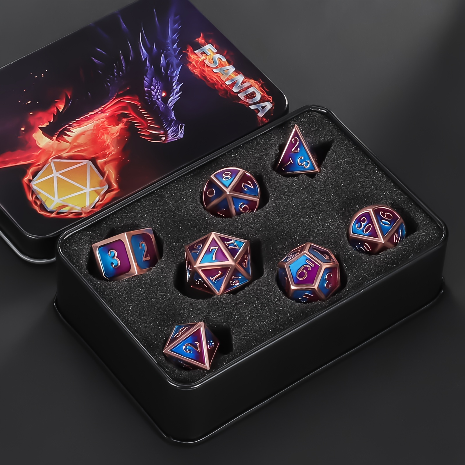 

- 7pcs Metal Dice Set For Rpgs - Copper & Purple Accents, Includes D20, D12, D10, D8, D6, D4 - For And Gamers