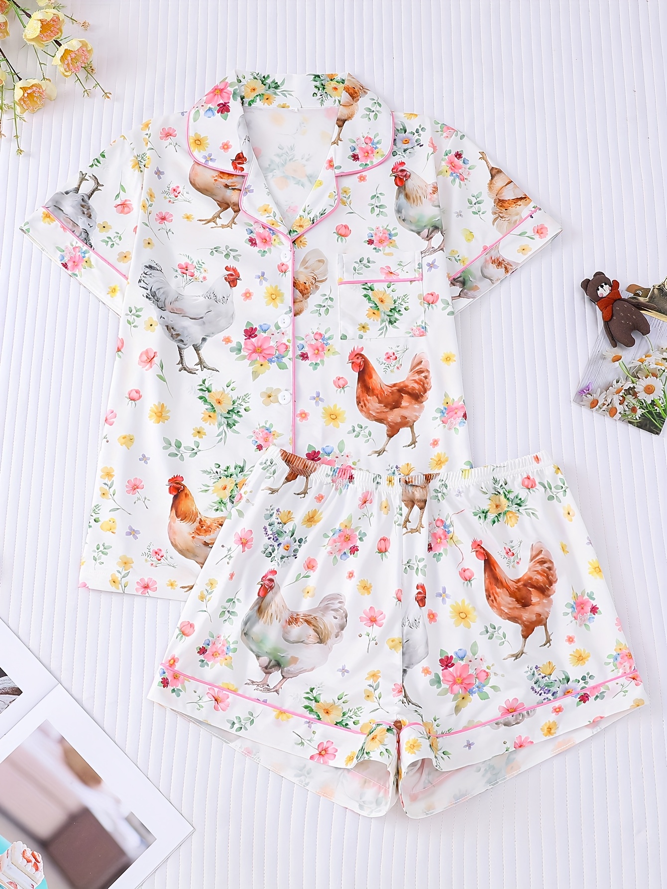two piece womens sleepwear set knitted fabric short sleeved button top matching shorts full body animal print sleepwear set collar and pocket details suitable for womens adult sleepwear set