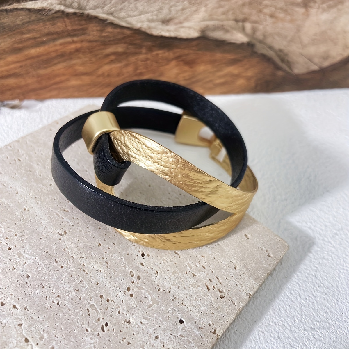 

Chic Black And Golden Metal Bracelet - Trendy Party Gift For Women, Adjustable Copper Bangle With For Casual Attire Or , Bangle Bracelet