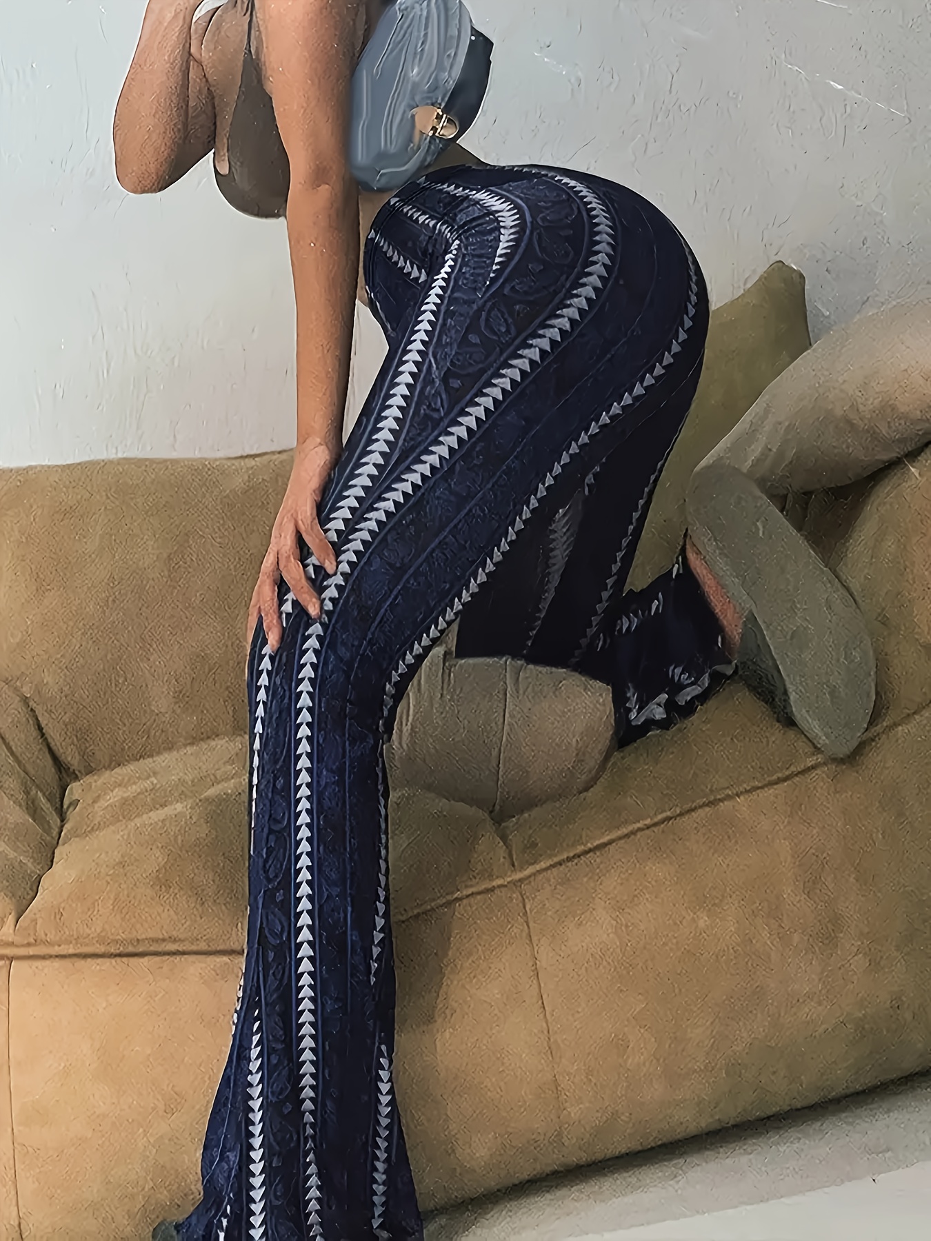 Women'S High-Waisted Stretchy Flared Pants, Featuring a Geometric Print Suitable for All Seasons