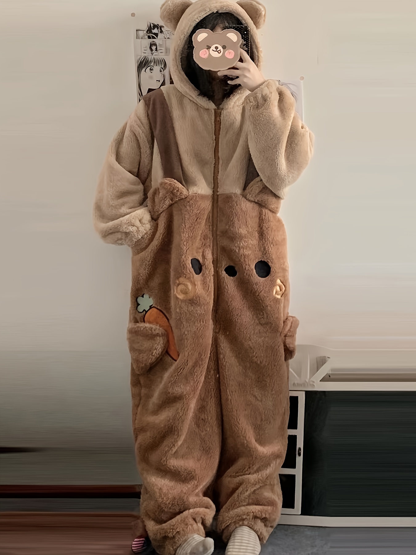 womens mens plush fleece hooded onesie cute bear print long Temu