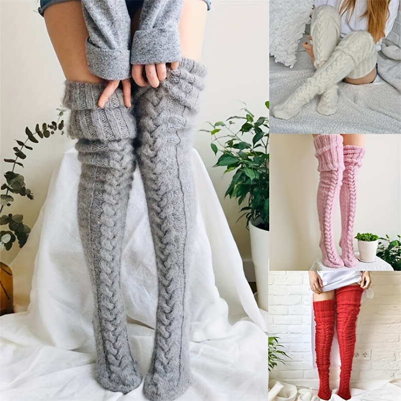 

1 Pair Women's Over-the-knee Socks, Thigh High Knit Leg Warmers, Acrylic Solid Color Stretchy Knee-high Socks For Autumn And Winter