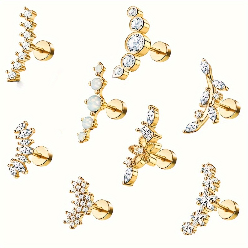 

8pcs Steel Earring Set For Women - Hypoallergenic, & Zirconia Accents, For Parties, , And