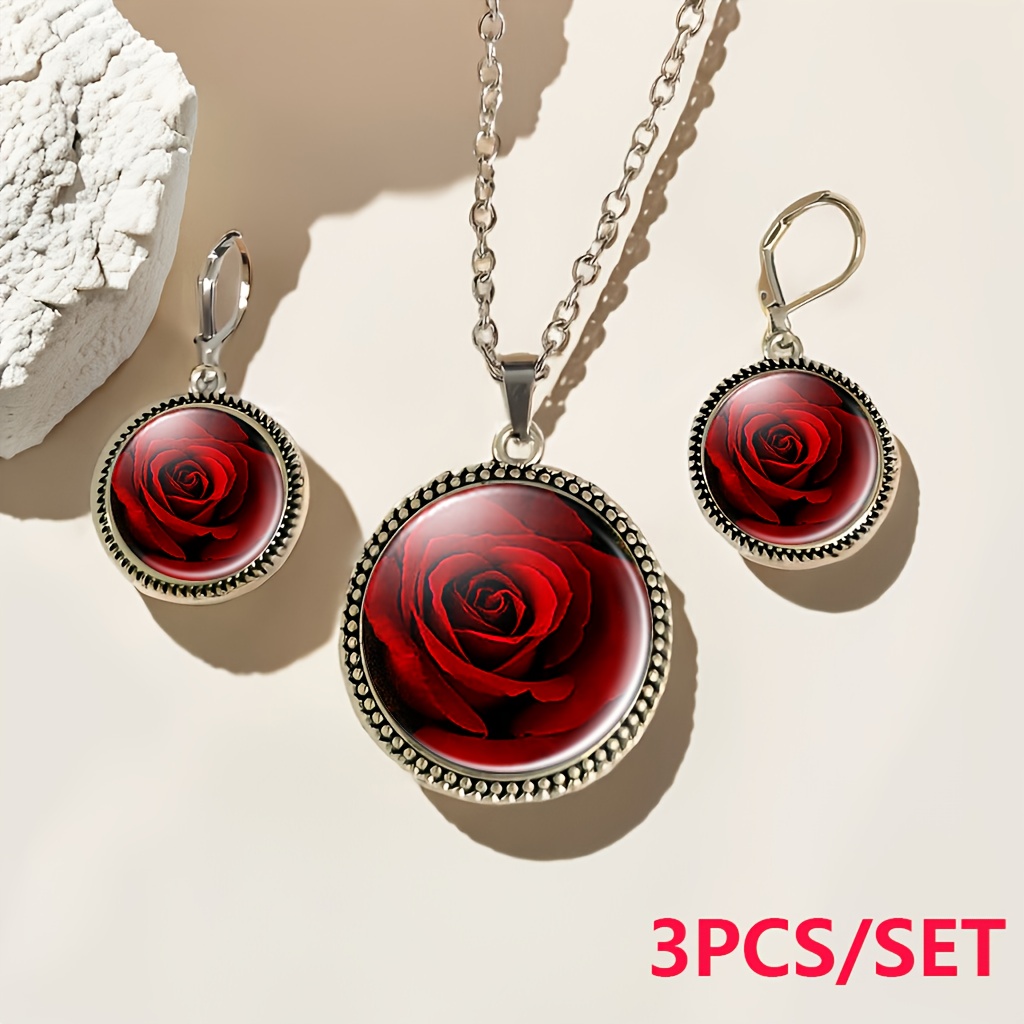 TEMU 3pcs Set (1pc Necklace And 2pcs Earrings, Women's Round Glass Base Jewelry Set), Rose Petals Layered Blooming Beautiful Elegant Symbol ,