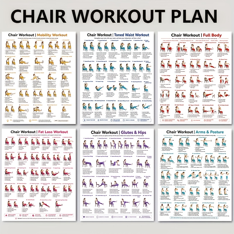 TEMU 6-sheet Set Of Chair Fitness Plan Fitness Posters, Seated Full Chart, For Weight Loss, Flexibility, Core Muscles And Strength Training Guide,