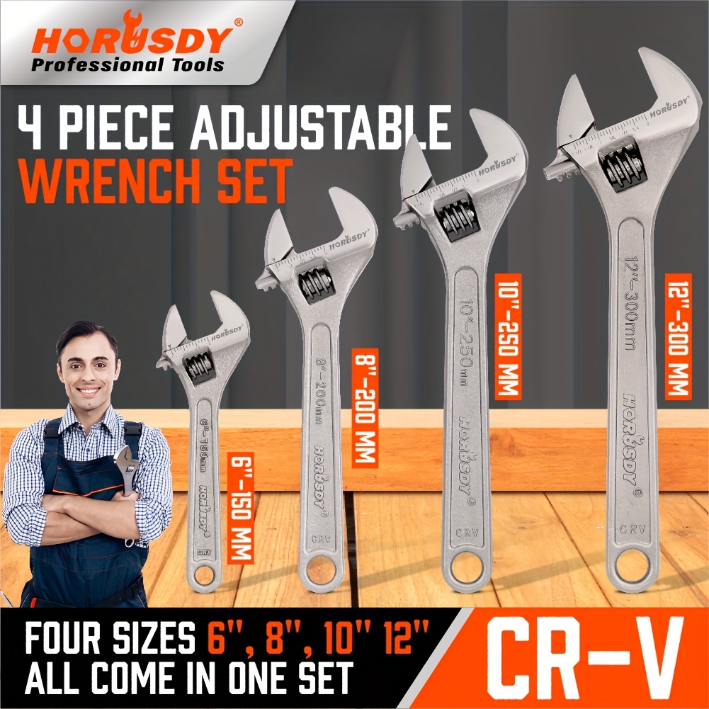 TEMU 4pcs Adjustable Wrench Set - Chrome Vanadium Steel, 6", 8", 10", 12" Sizes For Auto & Home Repairs, Corrosion Resistant With Black Oxide Finish