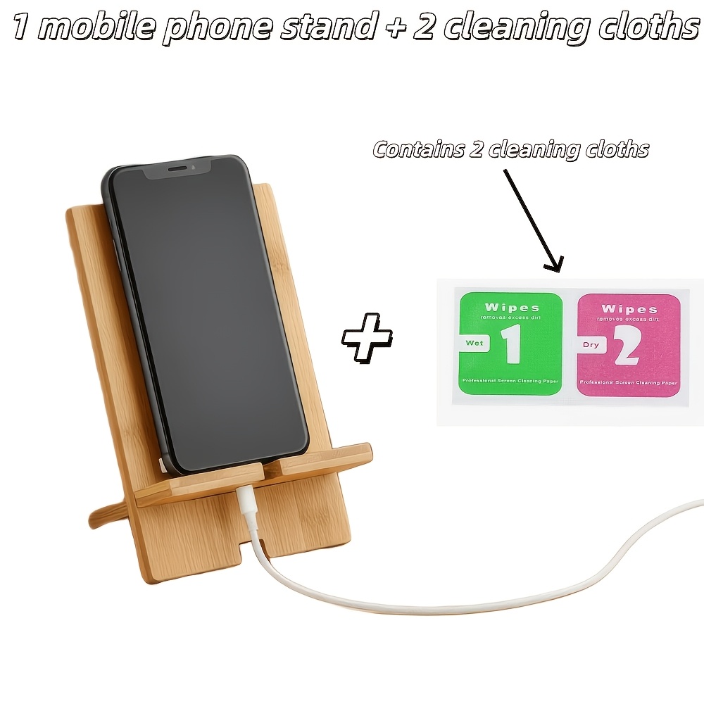 TEMU 3pcs Set (1 Phone Stand + 2 Cleaning Cloths) Multi-angle Desktop Stand, A Bamboo Phone And Tablet Stand That Adjusted 360° For Placement. A